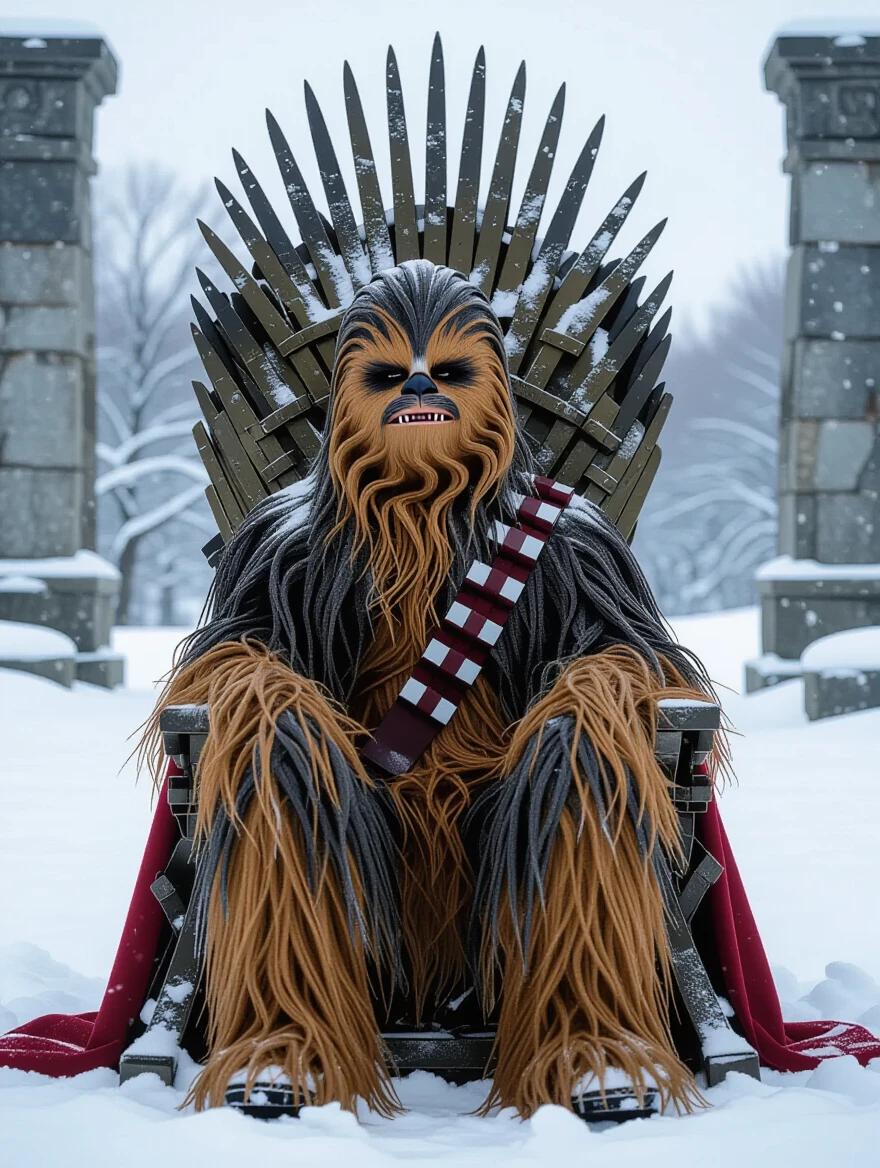 Chewbacca seated on a king's throne. Snow covers the ground. Ruins visible in the background. Extremely realistic details. Frozen atmosphere.
