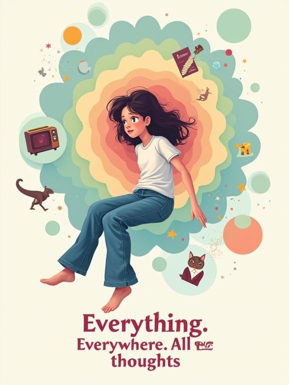 A surreal vector-style illustration featuring a young woman floating in mid-air, wearing jeans and a t-shirt. She has sparkles in her eyes, suggesting wonder and mental overload. The background has pastel rainbow tones with layered circular shapes. Floating icons include a retro toaster, a dinosaur, and a formal cat in a suit. Typography reads 'Everything. Everywhere. All thoughts.'