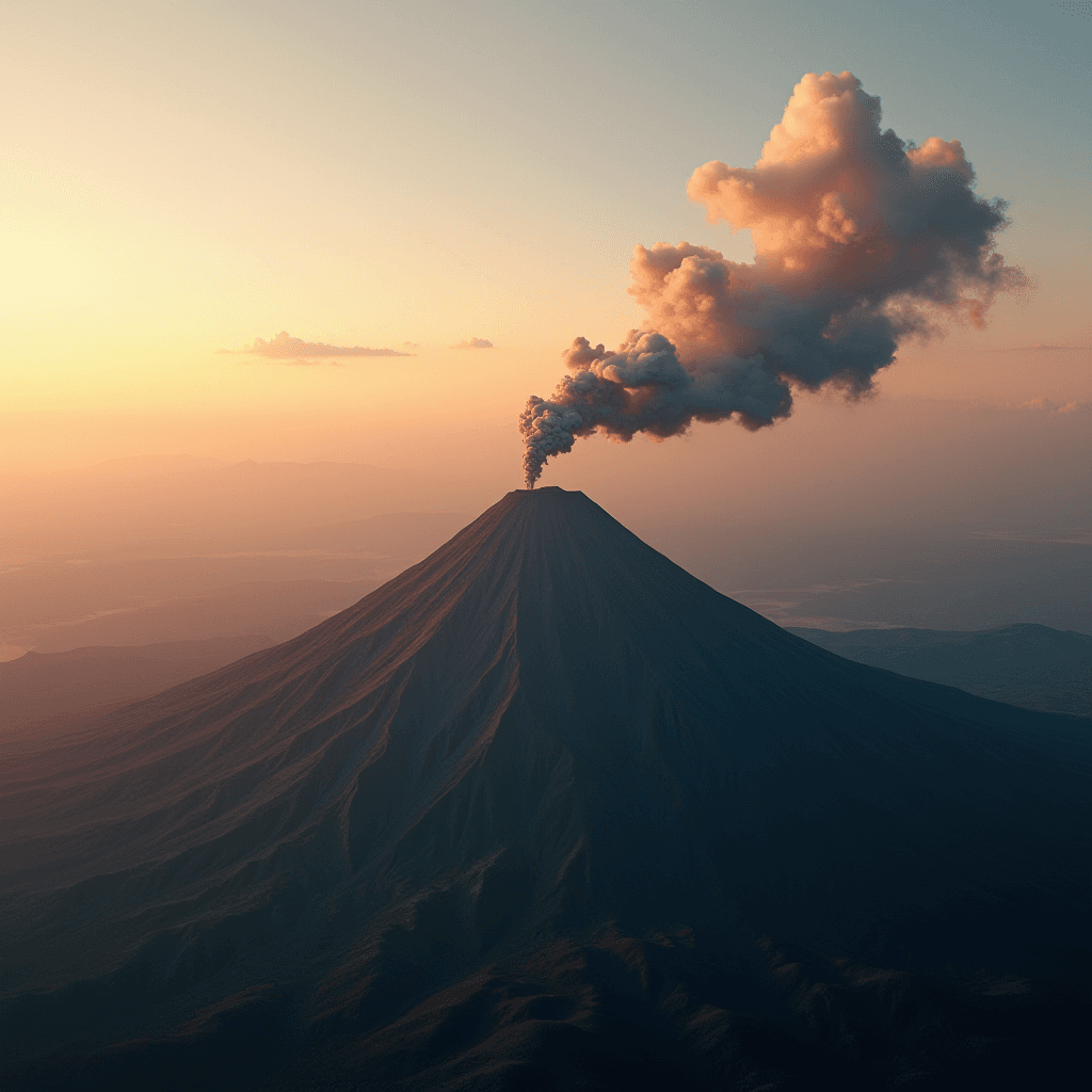 A dramatic scene of a volcano erupting with smoke above a sunlit landscape at dusk.