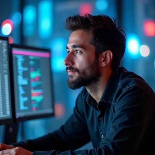 A person focused on coding at a computer workstation with multiple screens showing data analysis. The environment is illuminated with colorful LED lights that create a modern tech atmosphere. The person wears a black shirt and sits in a professional manner.