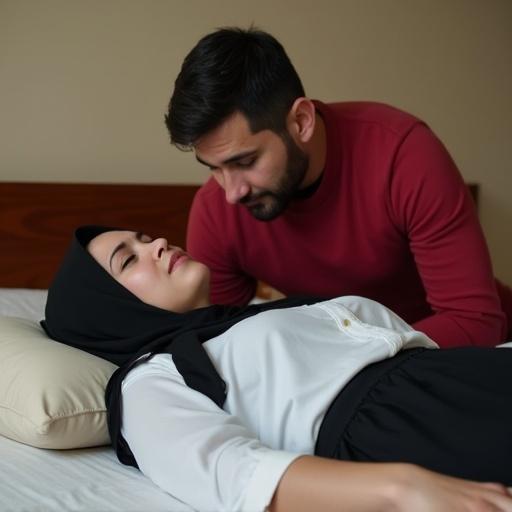 Image depicts a man and woman on a bed in a bedroom. The woman, wearing a black hijab, lies on her back with closed eyes. The man, in a red shirt, stands beside her with a concerned expression. Beige walls and wooden headboard create a warm environment.
