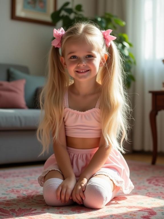 Young girl with long blonde hair in twin tails poses on a colorful rug in a softly lit living room. She wears a crop top and skirt with thigh-high socks and bows in her hair. She has a playful smile.