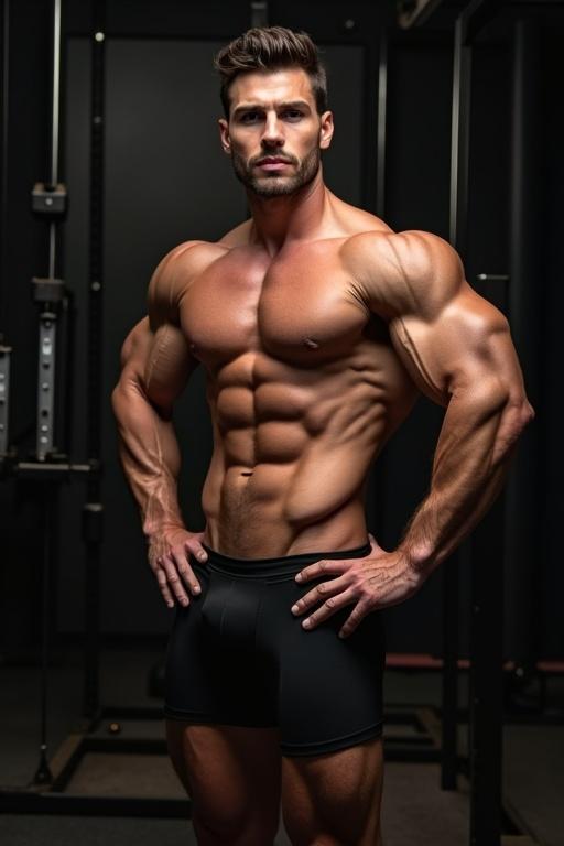 A muscular male poses confidently in bodybuilding trunks in a gym. He showcases a well-defined physique with bulging abs and massive biceps. The background features dark colors that emphasize fitness.