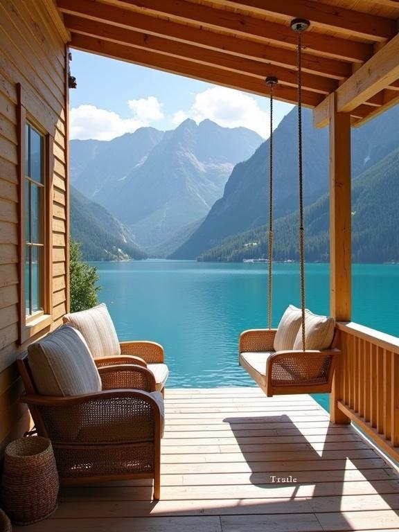 Wooden porch overlooks stunning mountain lake. Light-brown wood with grain. Two wicker chairs with beige and grey striped cushions. Wooden swing with similar cushions hangs from porch. Wooden planks on floor. Small woven basket beneath swing. Serene turquoise-blue lake surrounded by majestic mountains. Clear blue sky with white clouds. Scene evokes tranquility and natural beauty.