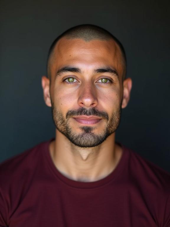 Studio portrait photograph captures a young man with bright green eyes. He has a shaved head and beard. The man wears a deep burgundy t-shirt. The background is dark highlighting his features.