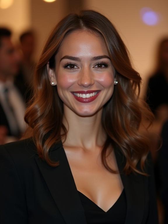 Close-up portrait of a young woman with a warm smile taken indoors. She has multi-tonal brown hair styled in waves. Her clear complexion and dark eyes are accentuated by soft makeup. Wearing a dark blazer over a V-neck top, she appears inviting. Background is softly blurred, adding to the indoor ambiance.