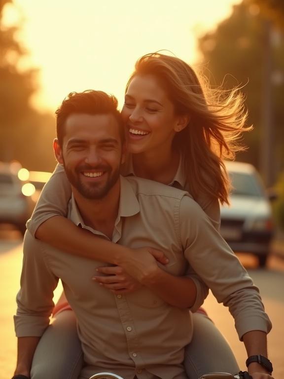 Cinematic outdoor scene features laughing couple in golden sunlight. Man without beard. Woman on his back. Wind moves her hair. Camera dolly in on joyful faces. Lens flares give a dreamlike effect. Natural lighting showcases skin texture. Close-up reveals smiles. Breeze lifts hair. Camera orbits for connection view.