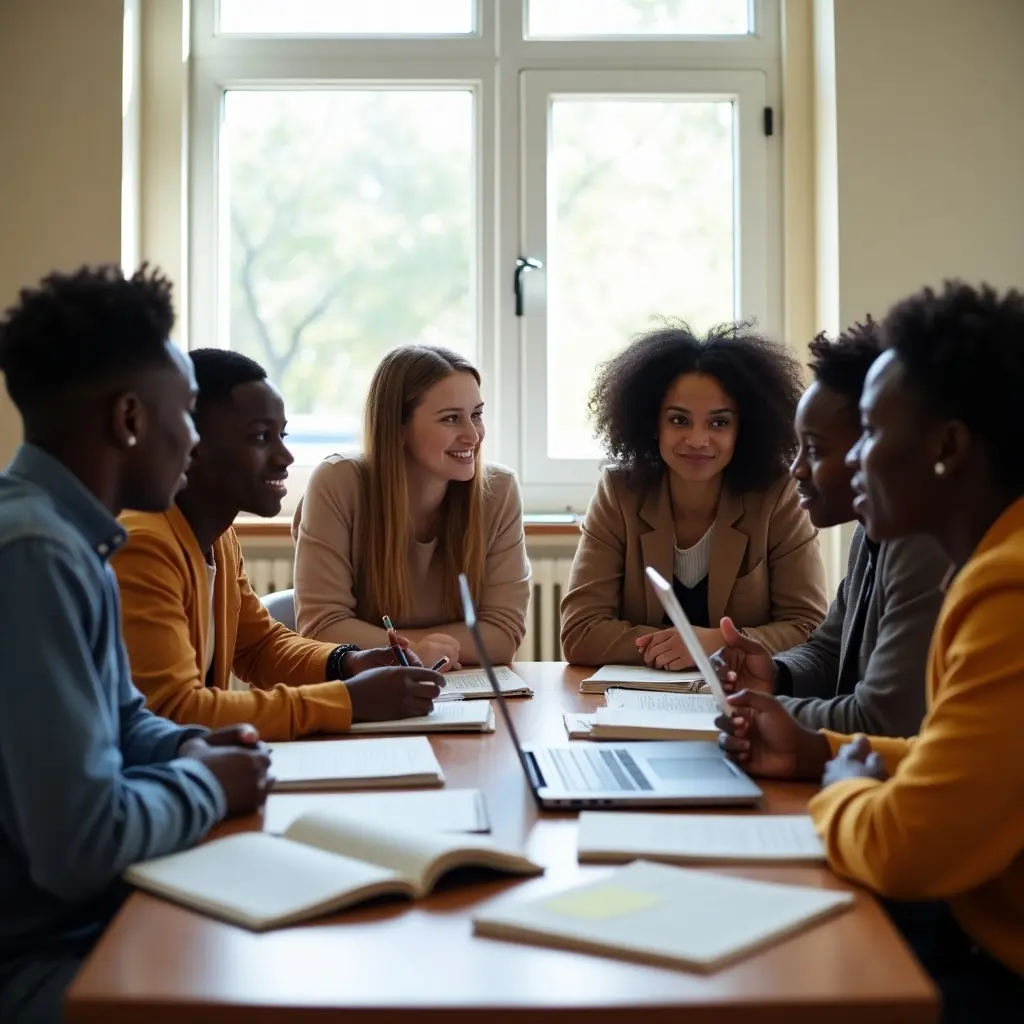 Group of students engaged in an academic discussion around a table. They are seated in a well-lit room with large windows.