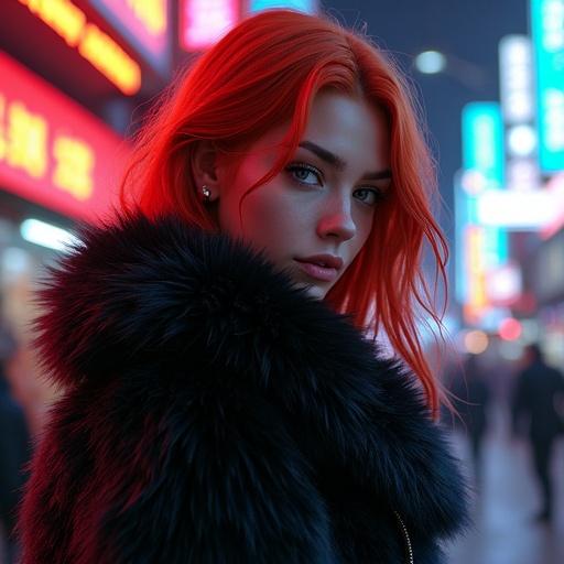 Beautiful woman with red hair wearing a thick black fox fur coat. Neon lights in the background create a cyberpunk scene. Mixture of photorealistic and comic book art style. High definition details.