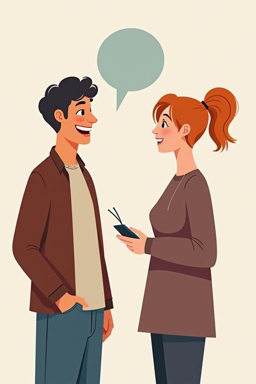 Image of two individuals having a conversation. One person holds a mobile device. The setting looks friendly and casual. The individuals appear engaged in discussion, with a speech bubble indicating dialogue.