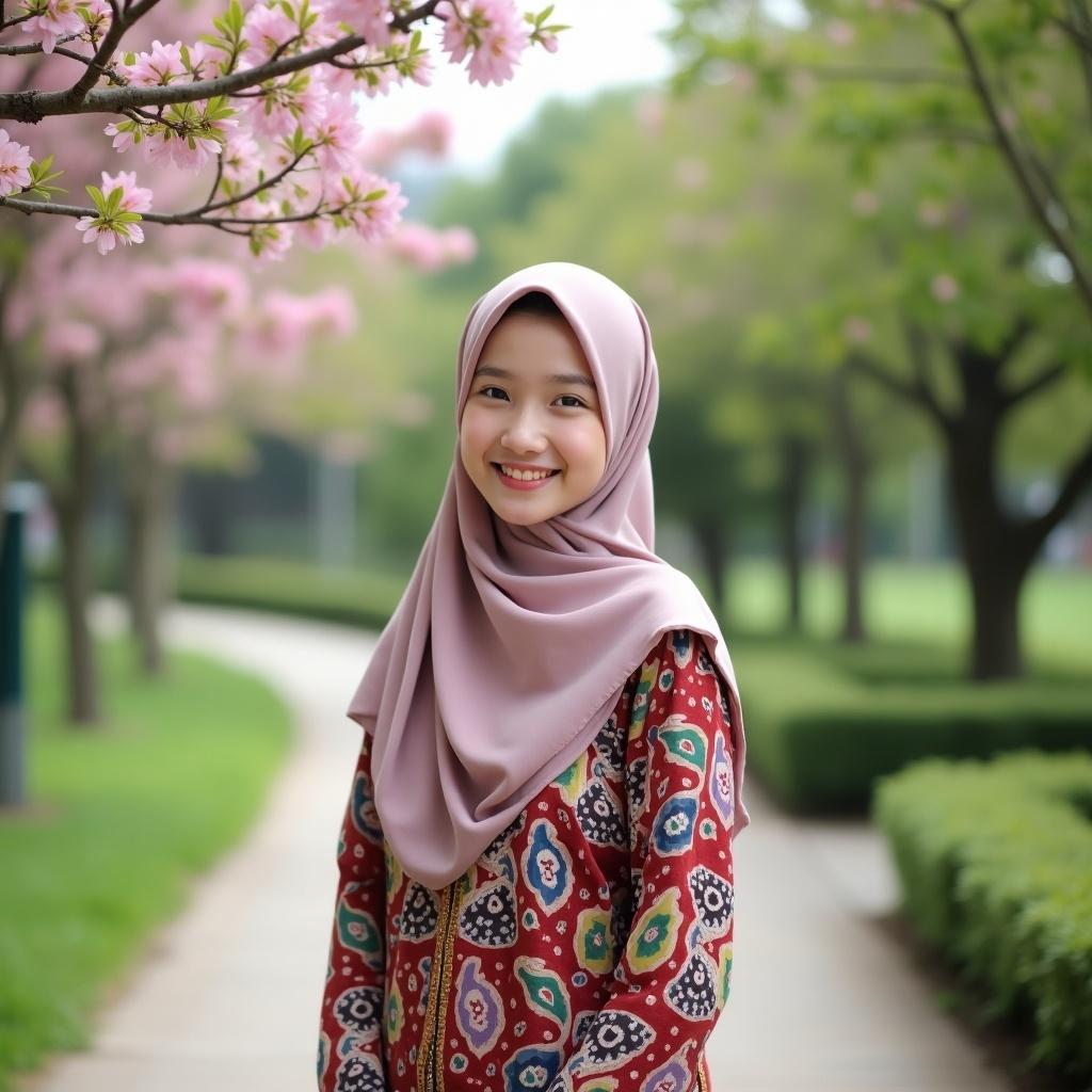 Young woman wearing a hijab is standing in a park. There are blooming pink flowers around. Natural scenery with trees in the background.