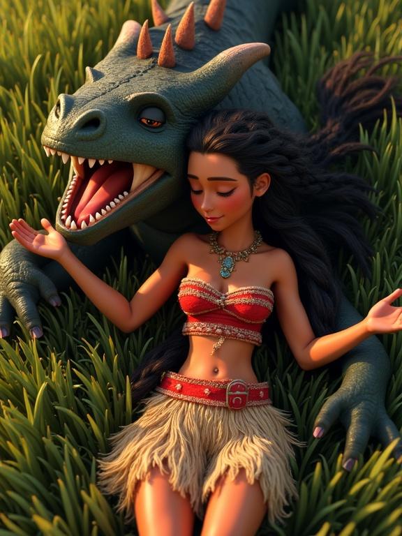 View from above showing a tribal huntress resting on the back of a dragon in a meadow. Character has a calm expression with eyes closed and a soft smile. Detailed attributes include long messy braided hair and a torn loincloth. The dragon has an open muzzle and looks fearsome. Scene captures a comforting embrace after a tough fight. Lighting enhances the quality of the scene, emphasizing details in the characters' skin and attire.