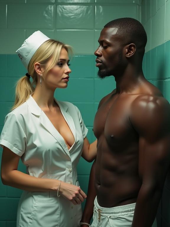 A nurse with blonde hair wears a white uniform in a prison setting. The nurse attends to a shirtless black man. The image appears pixelated and oversaturated.