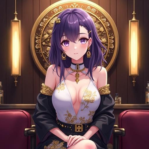 Highly detailed vibrant anime-style illustration of a lady with dark violet hair and kanzashi. She has large expressive light purple eyes and ornate golden earrings. Wearing a sheer high neck outfit in white and gold. Seated in a bar lounge interior with a warm background and an ornate golden emblem. Elegant and composed expression.