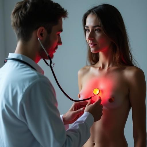 Male doctor examines heart of a topless female patient using stethoscope. Emphasis on the doctor-patient interaction. Soft lighting and close perspective highlight emotions.