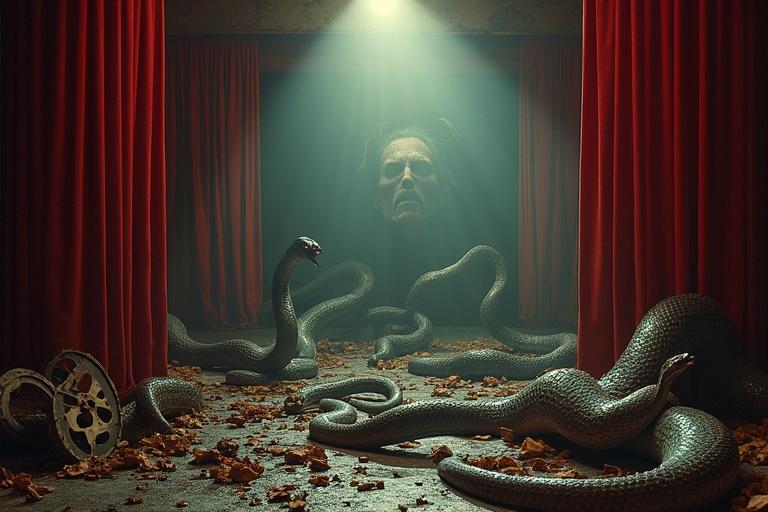 Surreal scene with theater curtains bending into snakes. Old film reels unspool creating a nightmare landscape. Blending vintage horror and theatrical elements.