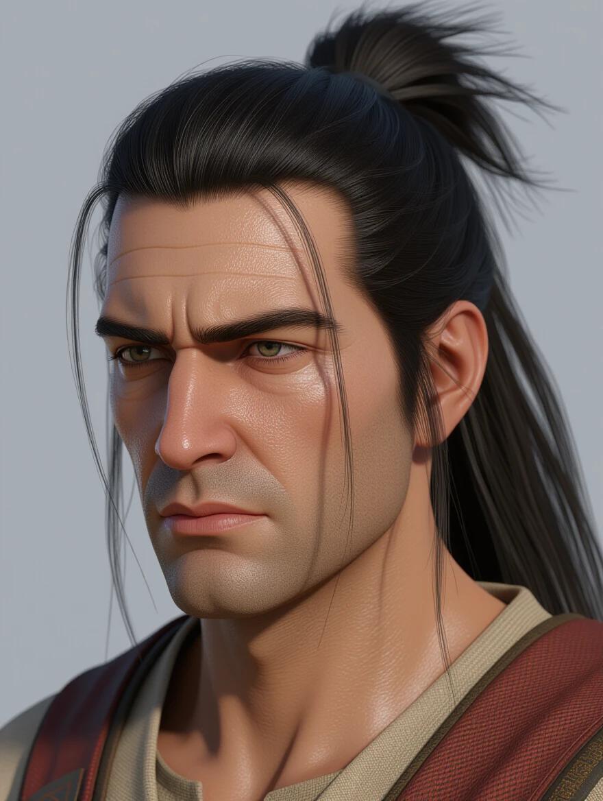 3D realistic portrait of an ancient 35-year-old male. Features long black hair tied back in a bun. Square face profile with frowning expression. Anxious eyes, broad nose, slightly open lips, tanned and rough skin.
