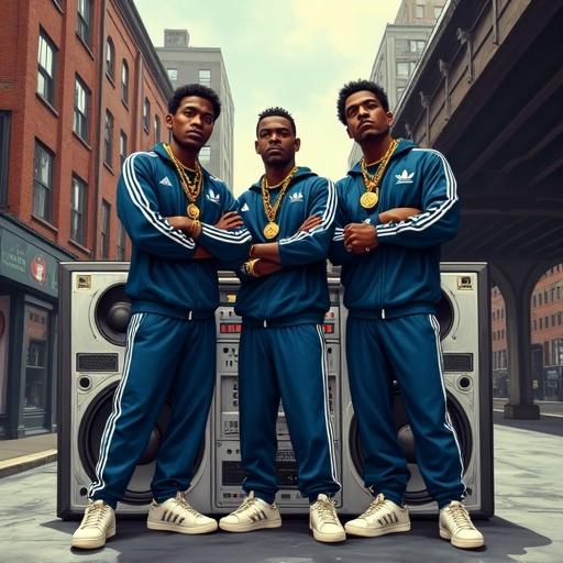 Hyper-realistic street scene featuring a fictional hip-hop crew called Walk END in a gritty New York urban setting. Three young Black men pose confidently wearing navy blue Adidas tracksuits and untied Superstar sneakers. Bold gold accessories adorn them. They stand on solid pavement in front of a massive silver boombox. An elevated subway track is visible in the background. The scene evokes a powerful and rebellious vibe with dramatic lighting and rich 80s colors.