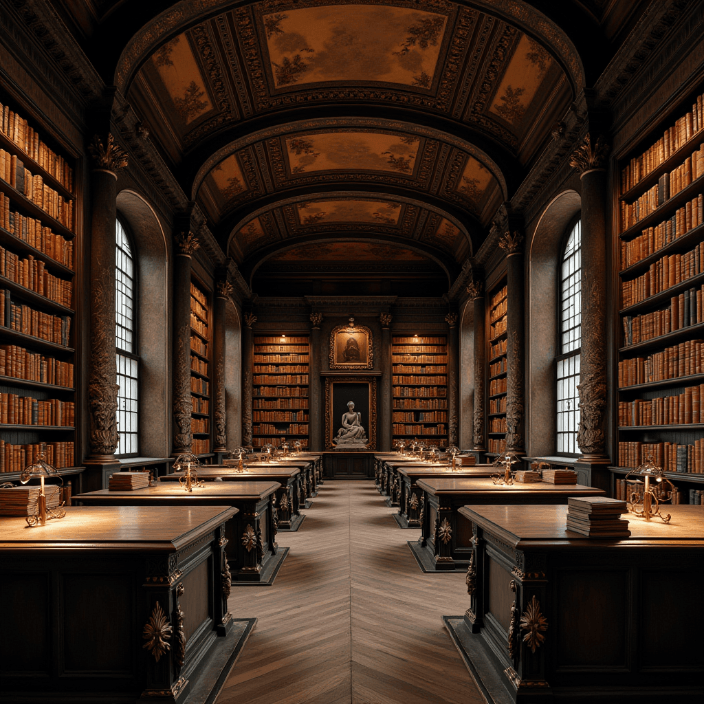 This image depicts a grand and elegant library with tall bookshelves lining both sides of the room. The shelves are filled with colorful books, showcasing a rich collection. The library has a high, ornately decorated ceiling with intricate patterns, and the walls also feature elaborate carvings or designs.

Down the center of the library, there are wooden study tables with classic golden desk lamps providing a warm glow. The tables are neatly arranged, creating a symmetrical and orderly appearance. In the background, a statue is prominently displayed, adding an air of cultural and historical significance to the setting.

Large, arched windows on the sides allow natural light to pour in, enhancing the scholarly ambiance of this magnificent library. The overall atmosphere is one of historical richness and intellectual grandeur.