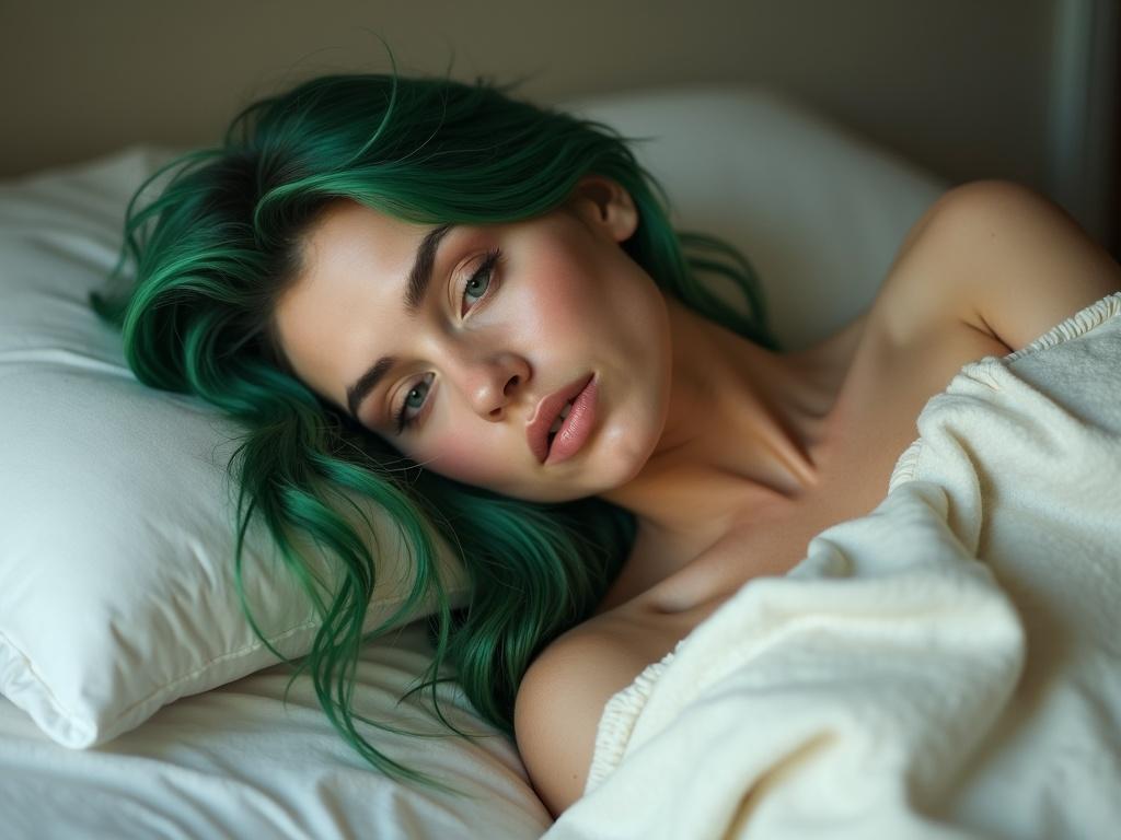 A young woman with long green hair lies on a bed. She has a fair complexion and a gentle expression. The setting is intimate and soft.
