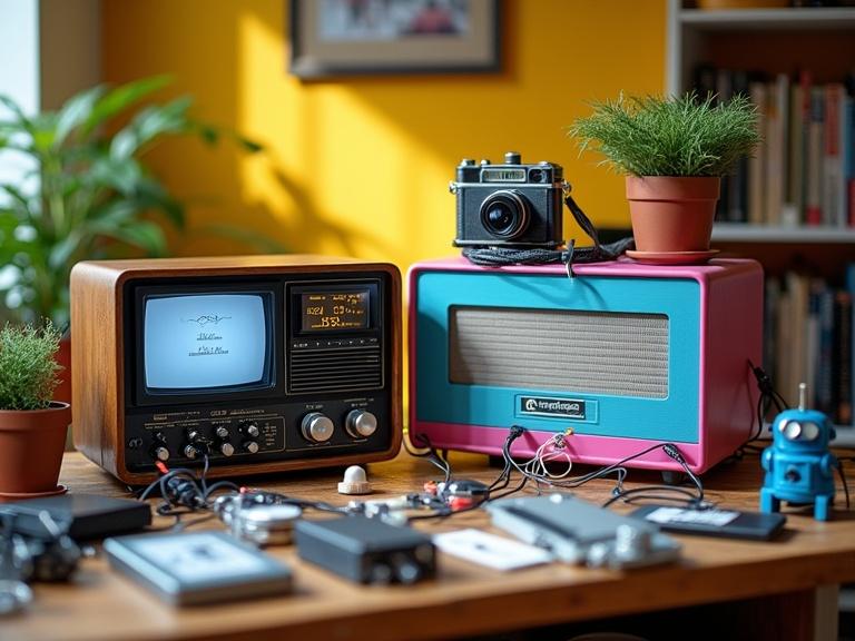 Desk setup in an indoor setting with warm lighting. Wooden table features cluttered assortment of electronic devices. Vintage radio with screen and dials is present. A blue and pink speaker sits nearby with a camera on top. Fern plant and small potted plant add greenery. Background showcases a yellow and brown wall with bookshelves. The overall scene blends modern with retro, creating an eclectic vibe.
