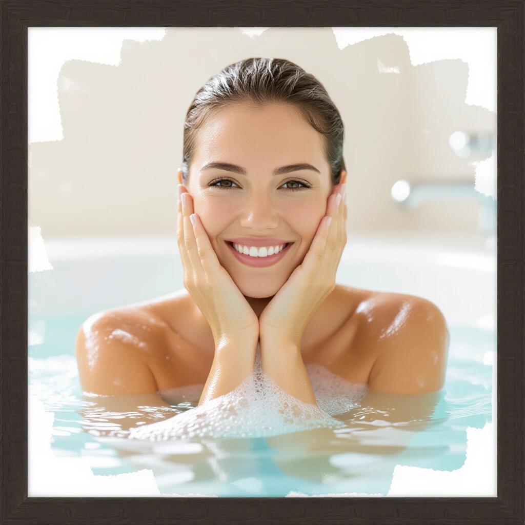 A woman enjoys a relaxing bath in a serene setting. Water splashes gently surround her. Hands hold her face with a calm expression. Soft lighting enhances the tranquil atmosphere. The image evokes feelings of relaxation and beauty.
