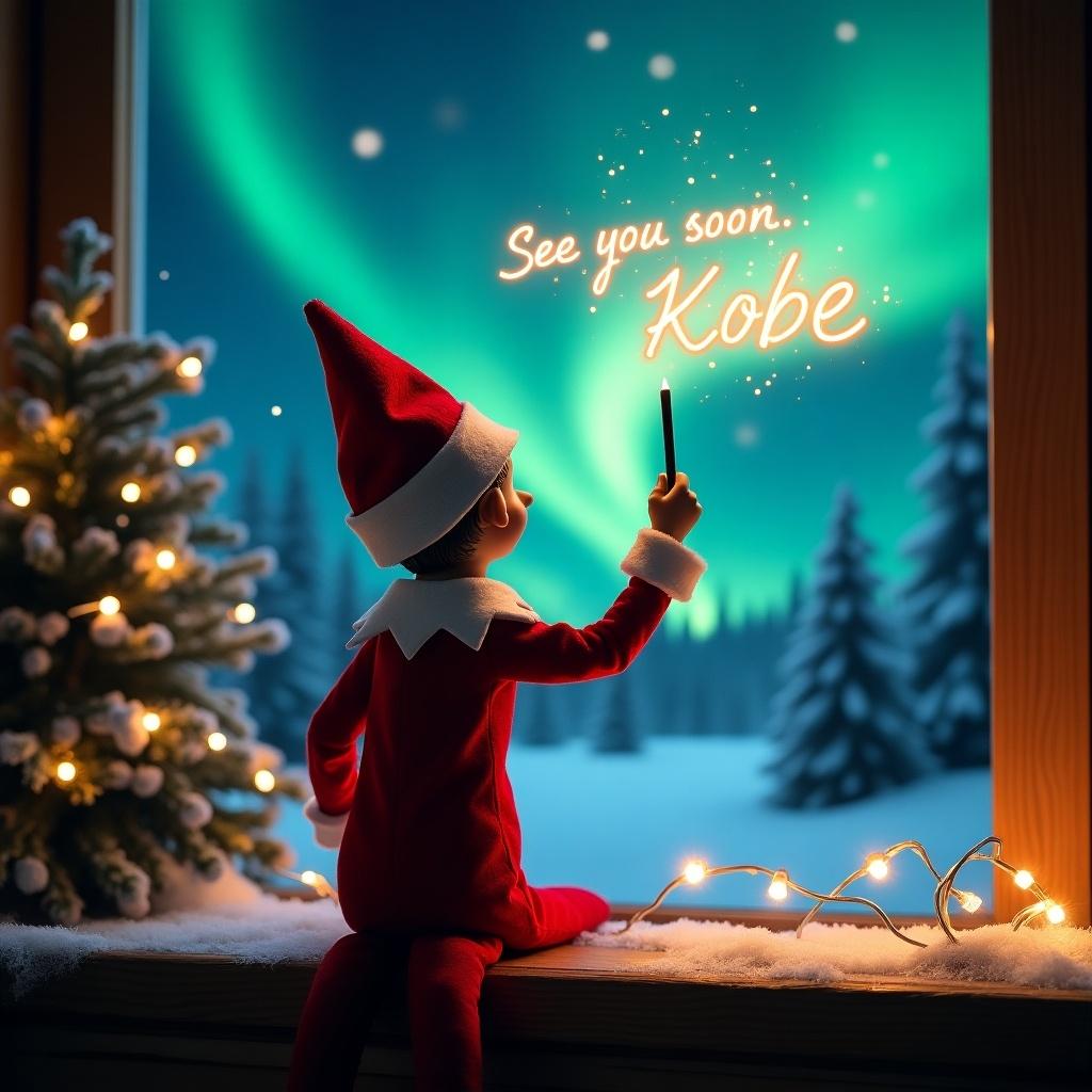 An elf in red and white faces the sky. The elf writes glowing words in the air using a wand. The scene features vibrant northern lights. A Christmas tree is nearby to enhance the festive mood.