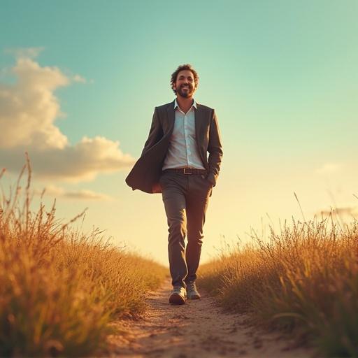 Silhouette of a man with a suitcase walking down a road at sunset. Bright golden sun is setting in the background. Pathway lined with grass. The scene conveys a sense of journey towards success and happiness.