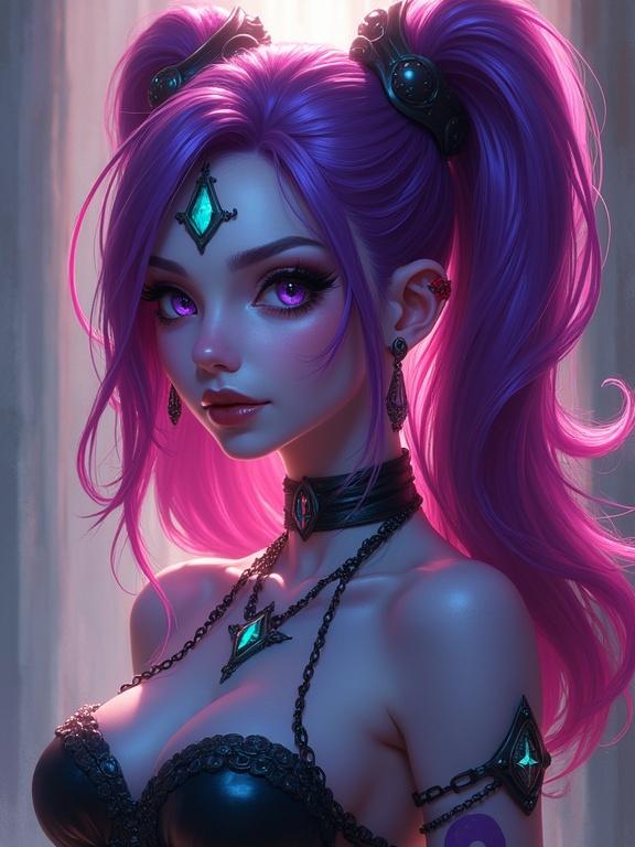 Beautiful portrait of a character with purple hair and striking features. Character has an edgy fantasy look with jewelry and accessories. The background is softly lit, focusing on the character's expression.
