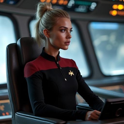 Starfleet officer in a red and black uniform sits in a captain's chair. The character showcases a confident and professional demeanor. The bridge of a starship is visible in the background with futuristic control panels and displays.