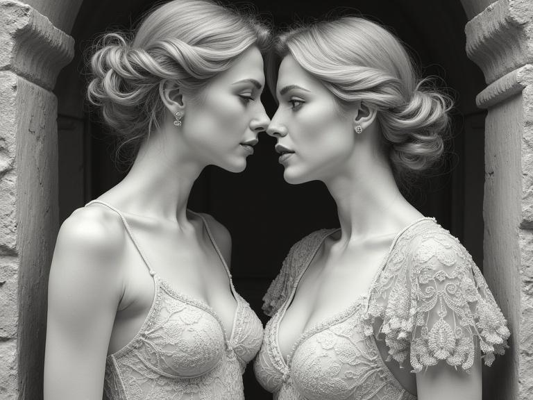 Kabanel inspired artwork featuring two highly detailed figures in lace dresses side by side in a grotto setting. The focus is on their faces, showcasing intimate expressions and soft features.