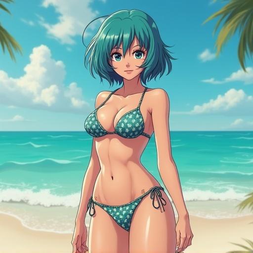 Anime character in bikini at the beach. Bright tropical setting. Full-body view with ocean background and palm trees.