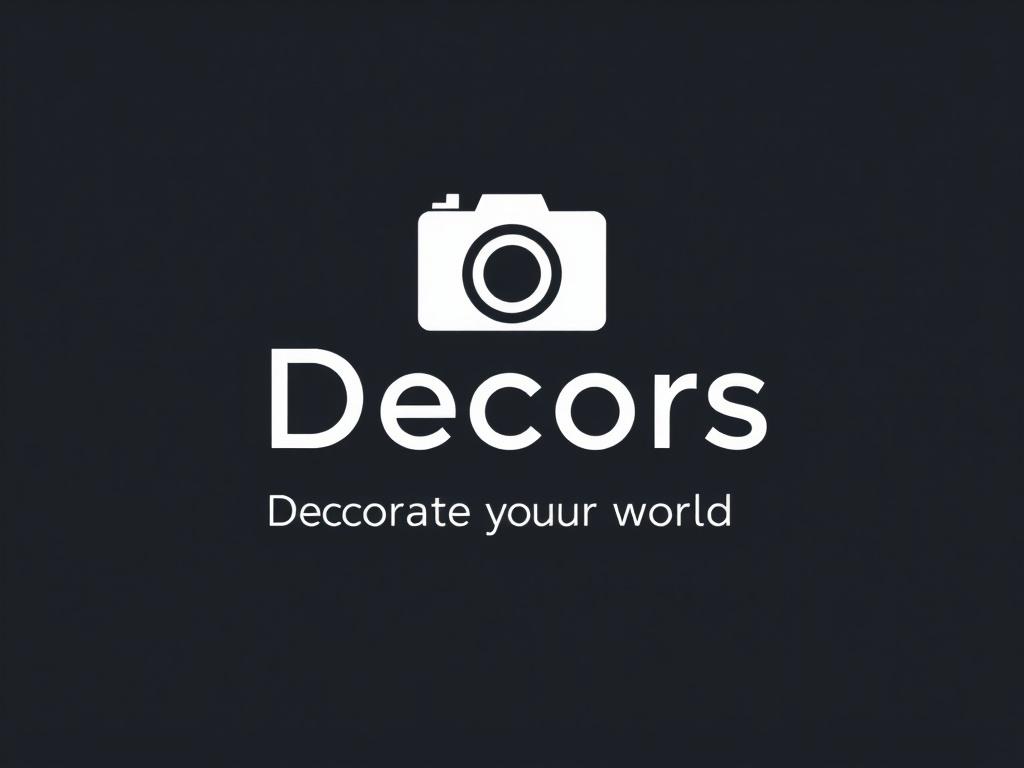 This image features a minimalistic logo with a dark background and a central icon of a camera, complemented by the text 'Decors.' Beneath the name is a tagline, 'Decoreate your world,' inviting viewers to engage with a world of aesthetics. The design is sleek and professional, utilizing a monochromatic color scheme for easy recognition and impact.