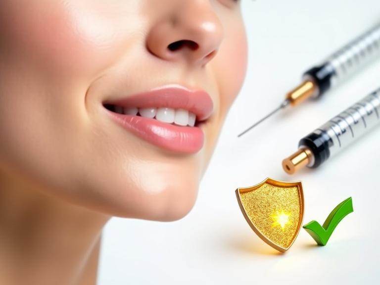 Close-up of a woman's lower face with enhanced lips and healthy glow. Soft lighting emphasizes skin texture and lip curve. Confidence expressed in slight smile. Merges into dermal filler syringes on white background. Lower third has golden shield, green check mark, and syringe icon in 3D.