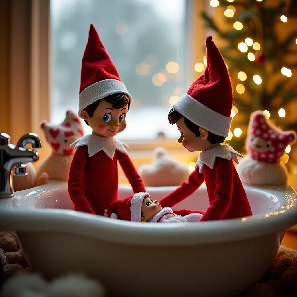 Scene with boy elf and girl elf giving baby elf a bath in a tub. Soft natural lighting. Cozy holiday decorations in the background. Elves in festive attire.