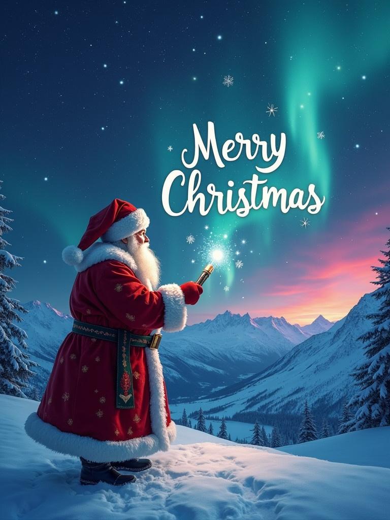 Traditional Santa Clause stands in snow-covered mountains. Santa writes 'Merry Christmas' with a glowing magic wand. Northern lights glow in red cerulean and purple on the horizon.