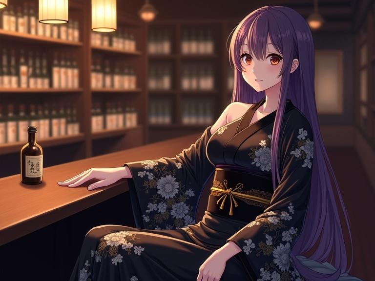 Anime Japanese woman with violet hair and brown eyes. Wearing black kimono with floral patterns. One shoulder exposed. Elegant sitting pose on bar counter. Izakaya background with bottles and lanterns. Warm intimate lighting.