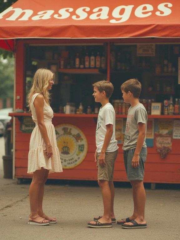 A woman in a sundress engaged in conversation with two boys in a marketplace. The stand displays a sign reading 'massages'. The photo has a low-resolution vintage effect with bright colors and slight pixelation. An unfiltered, casual atmosphere is present.