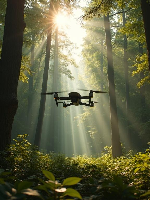 A drone navigates a sunlit forest. Sunbeams shine through trees. The scene captures a sense of motion and precision. A luxury building appears in the clearing. The image conveys tension and resolution, highlighting nature and technology.