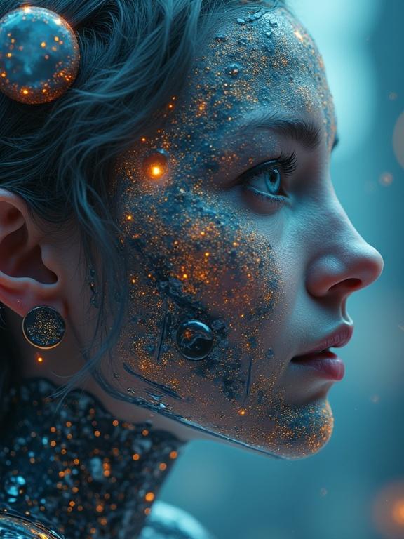 AI-generated artwork showcasing a female portrait with shimmering facial features. The image captures a close-up profile with a blend of cosmic and glitter elements, emphasizing digital creativity and futuristic aesthetics.
