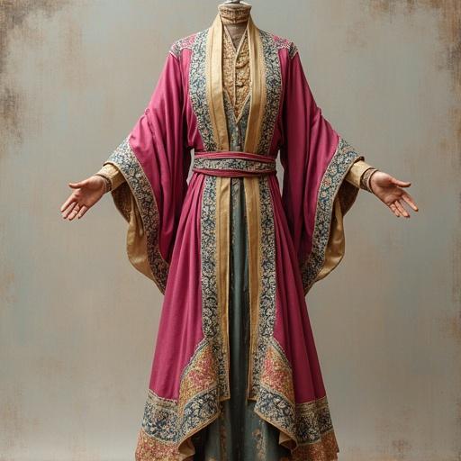 Design of an elegant robe with extended sleeves. Features a blend of magenta, gold, and teal colors. The robe has intricate patterns and a cultural aesthetic. Soft lighting highlights the design.