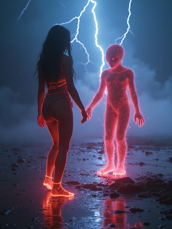 Close up low angle shot. A glowing tribal girl in a loincloth dancing with a shimmering translucent alien under a neon plasma storm. Electric arcs in the sky, reflective ground, surreal lighting, high detail.