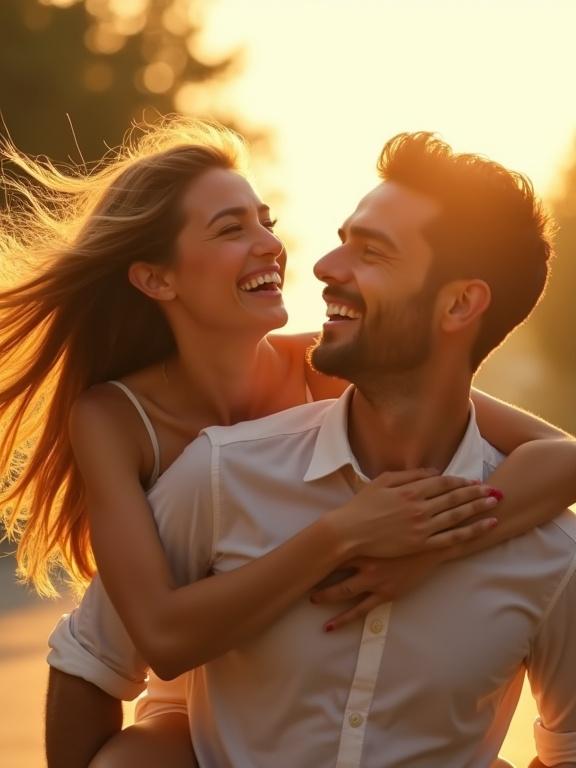 Cinematic outdoor shot of laughing couple in golden sunlight. Woman rides on man's back. Wind moves her hair. Camera dollies in toward joyful faces. Subtle lens flares and dreamy tones create cinematic feel. No facial hair. Natural lighting with realistic skin texture. As camera gets close, man turns head toward woman. She opens eyes, smiles wider. Breeze lifts strand of hair across his cheek. Cut to camera orbiting around them in slow motion, revealing sunlit street and connection from another angle. Handheld camera feel, smooth transition.