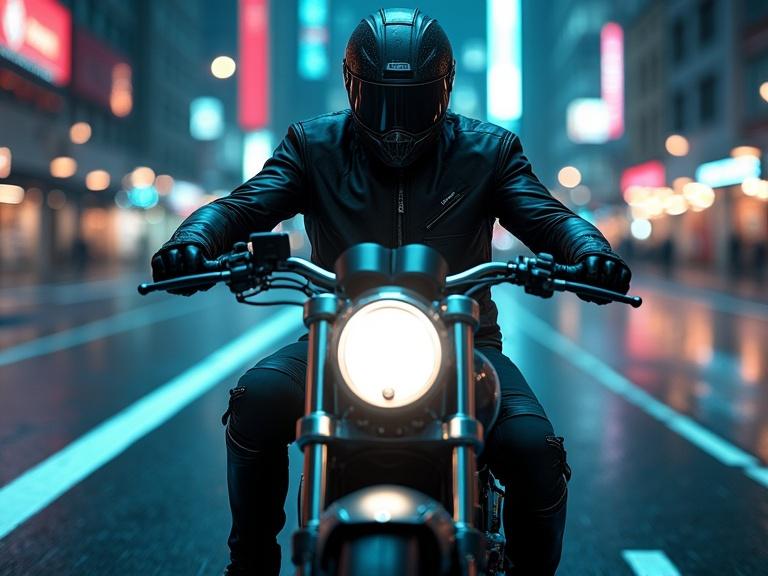 Motorcycle driver in a leather outfit riding through a city. High detail and realistic style. Nighttime with bright neon lights.