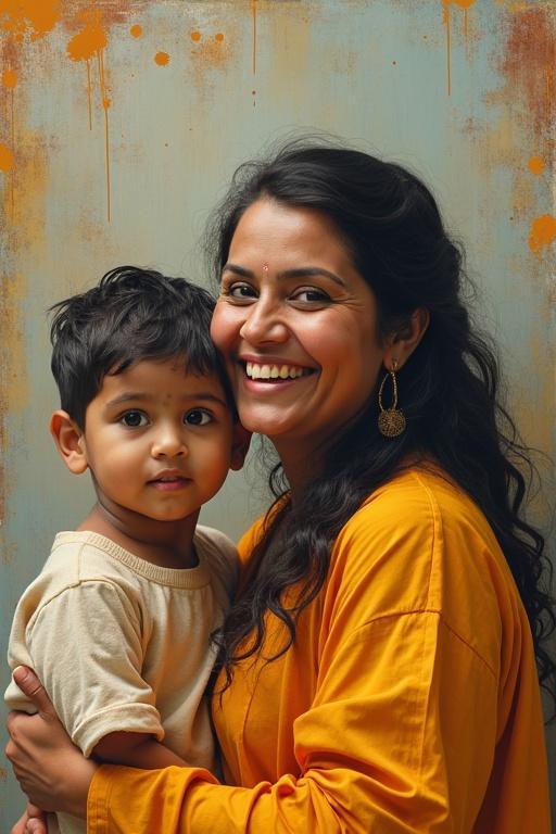 A smiling mother holds her young child in her arms. The mother wears a vibrant orange top and the child wears a light-colored shirt. They share a joyful expression against a textured background featuring splashes of color.