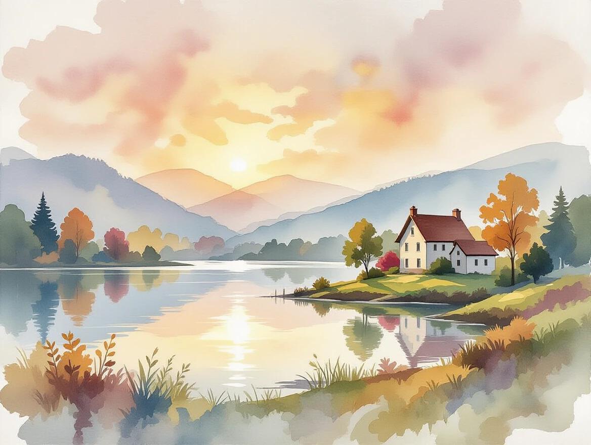 A layered landscape scene with an abstract watercolor foreground in organic shapes and soft hues. A midground features a detailed cottage by a lake with warm natural lighting. The background shows impressionistic brushwork depicting foliage and distant hills with loose strokes. Atmospheric perspective with misty light and reflected skies. Harmonious warm and cool tones throughout.