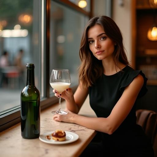 A green wine bottle rests on a marble counter. A small half-eaten dessert sits nearby. A woman poses gracefully with glossy brown hair. She holds a white wine glass in a cozy, warm-lit café.