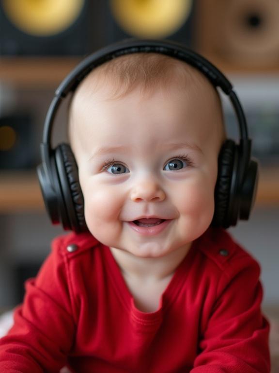 A cute baby wearing red clothes with headphones. Baby has chubby cheeks and is smiling. Face is highlighted with soft natural lighting. Background features blurred music studio elements. Close-up showing head and shoulders only.