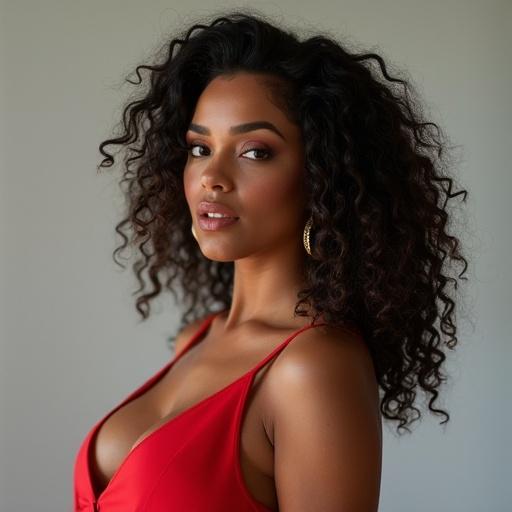 Portrait of a confident, beautiful woman with curly hair wearing a red dress.