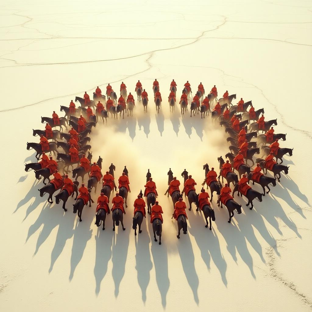 Aerial view captures the Maratha army forming a Trishul shape. Vibrant orange and brown soldiers charging on horseback. Stark white salt flats below them. Dust kicked up around the horses. Mughal forces visible in the distance. Ultra-high resolution display of the scene with great details.